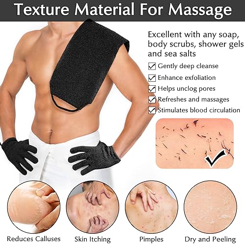 Anezus Exfoliating Back Scrubber Bath Gloves Set, Exfoliating Shower Towel with Shower Gloves for Body Scrub, Back Cleaner Wash Gloves to Remove Dead Skin (Black) - color: Black
