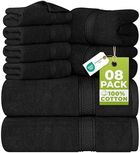 Utopia Towels 8 Piece Luxury Towel Set – Majestic Plush, Super Absorbent & Quicker-to-Dry, Thick 100% Ring Spun Cotton Towels for Bathroom, Spa & Hotel – 2 Bath, 2 Hand, 4 Washcloths, Black - color: Black, size: 8 Pieces Towel Set