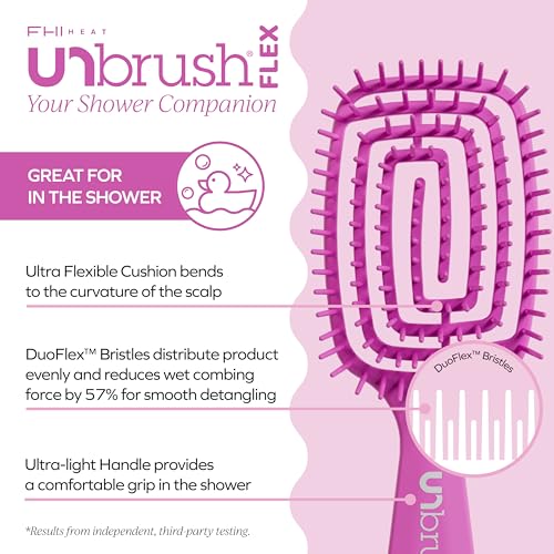 FHI Heat UNbrush Flex Detangling Brush — Ultra-Flexible, Pain-Free Hair Brush Detangler with DuoFlex Anti-Static Bristles for Removing Tangles, Massaging Scalp & Faster Styling - color: Pink