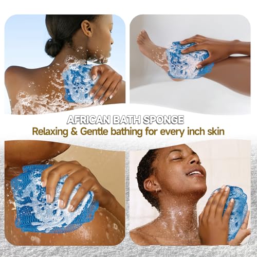 SubSahara Authentic African Net Sponge - 2 Pack Exfoliating Bath & Shower Loofah Sponge for Body & Face, Gentle Scrubber for All Skin Types, Travel, Durable (Linen & Sky Blue) - color: Linen & Sky Blue