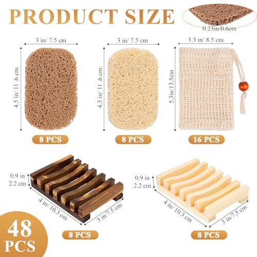 Supkiir 48 Pcs Soap Saver Set Including 16 Pcs Wooden Dish Holder, 16 Pcs Exfoliating Bag and 16 Pcs Saver Pads with Self Drain, Mix-color Soap Accessories Set for Shower Bath Toilet Kitchen and Hotel