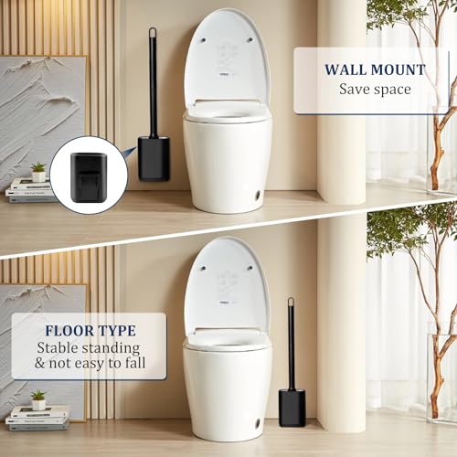 Silicone Toilet Brush and Holder Set, Toilet Brushes with Ventilated Holder, Wall Mounted Toilet Bowl Brush with Long Handle Bendable Brush Head, Black Toilet Brush Cleaner for Bathroom RV