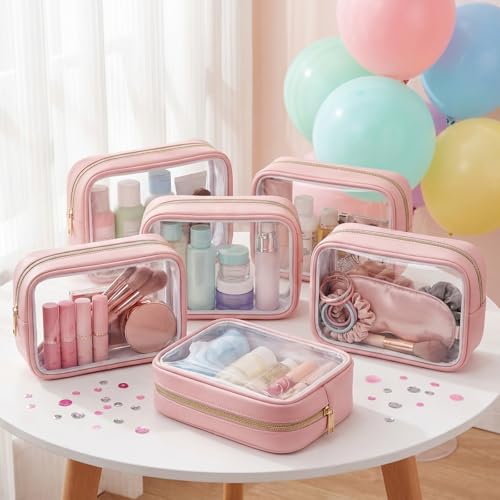 Abbylike 6 Pcs Clear Makeup Bags Bulk PU Leather Cosmetic Pouches Transparent Toiletry Bags with Zipper Waterproof Purse Skincare Car Organizer for Girl Women Travel Gifts(Nude Pink) - color: Nude Pink