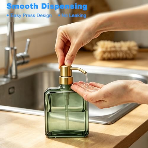 Green Glass Soap Dispenser Square 13.5 oz Hand Soap Dispenser | Rectangular, Rust Proof Stainless Steel Pump, Refillable, For Bathroom Vanity & Kitchen Countertop - color: Green Bottle and Brushed Gold Pump, size: 13.5oz-Square