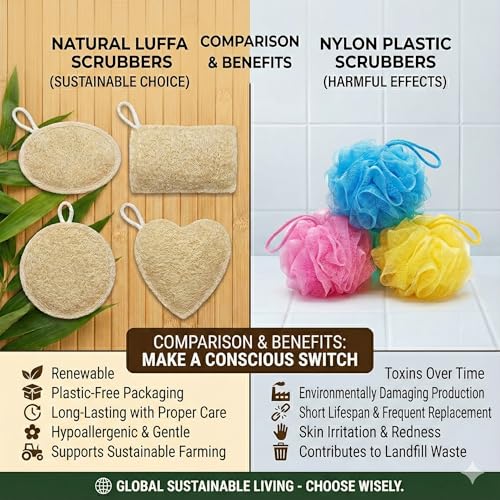 MIMPER 100% Natural Loofah Body Scrubber Sponge Set of 4 for Body Exfoliation | Eco-Friendly Biodegradable Bath Scrubber Shower & Spa Use – Plastic-Free | Heart, Oval, Rectangle & Round Shapes For All
