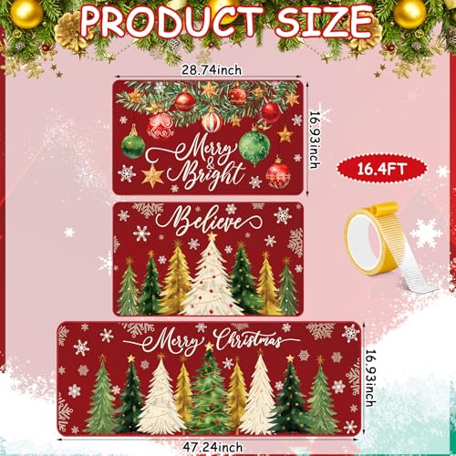 Drydiet 3 Pcs Christmas Kitchen Rug and Mat Set Washable Red Xmas Tree Kitchen Floor Mats Waterproof Non Slip Farmhouse Merry Christmas Doormat Holiday Xmas Decor for Home Office Bathroom Party Decor - color: Red, style: Christmas Tree