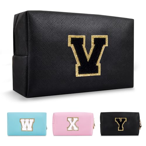 Personalized Initial A-Z Preppy Patch Makeup Bag,Small PU Chenille Letter Cosmetic Bag with Zipper for Teen Girls,Black Cute Toiletry Organizer Bag,Monogram Makeup Case Gift for Women Girls,Letter V - color: Black,Black-Letter, size: V