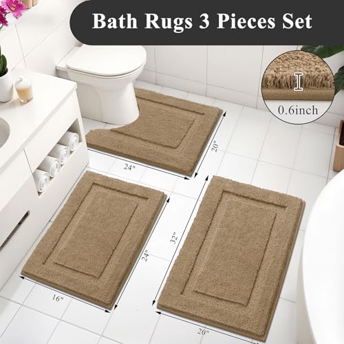 SHACOS Khaki Brown Bathroom Rugs Sets 3 Piece Bath Mat U Shaped Toilet Rug | 20x32+ 16x24+ 20x24, Soft Fluffy Microfiber Bath Rugs Set, Non Slip Washable Absorbent Bathroom Floor Mats Carpet Shower Rug - color: Khaki Brown, size: 16"x24"+ 20"x32"+U Shape