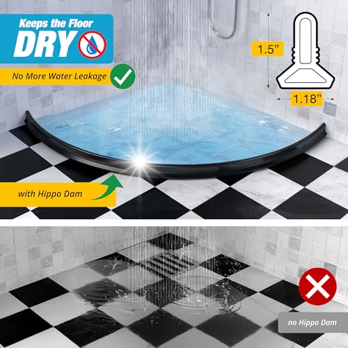 Shower Threshold Water Dam Barrier 98" - Black Collapsible Shower Water Blocker - Shower Guard for Walk in Shower - Water Guard Stopper for Floor - Shower Dam - 1.5" Tall - By Hippo Dam - color: Black, style: 98 In