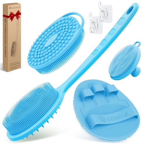 Silicone Back/Body/Face Scrubber & Soft Bath Glove Set 4PCS, Gentle Exfoliating Back & Body Scrubber with Dual-Side Brush Head, Hand-fit Bath Glove & Face Scrubber for Deep Cleaning(Blue-4PC) - color: Blue*4
