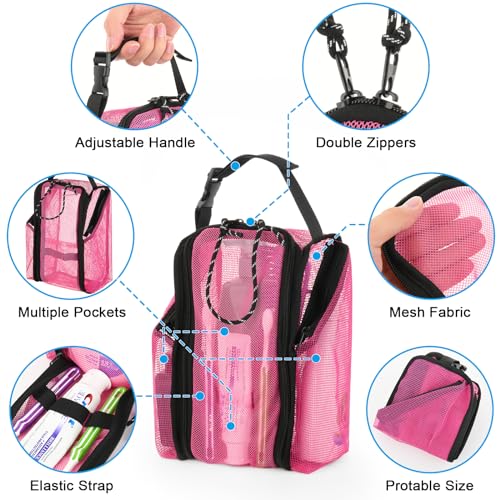 Cosmos Mesh Shower Caddy Toiletry Organizer Hanging Shower Tote Bag, Quick Dry Shower Organizer Portable Bath Bag with Durable Zippers & Side Pockets for Travel Gym Swimming Beach & Camp (Hot Pink) - color: Hot Pink