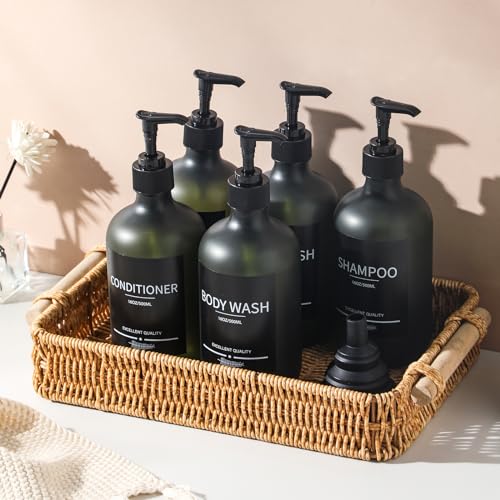Plastic Refillable Shampoo and Conditioner Bottles with Pumps and Labels (5-Pack, Green) - color: Matte Green