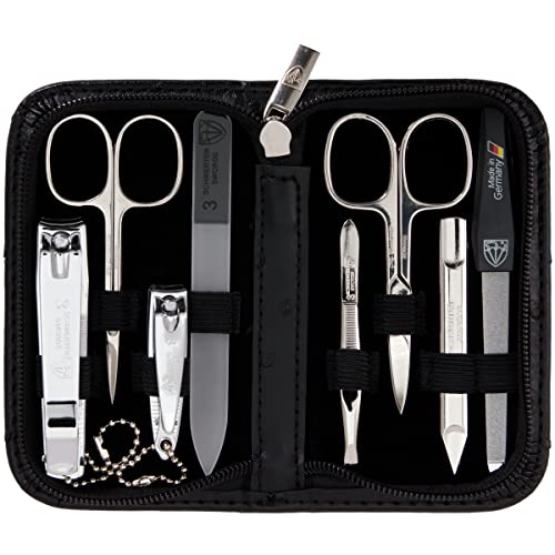 3 Swords Germany - brand quality 8 piece manicure pedicure grooming kit set for professional finger & toe nail care scissors clipper fashion leather case in gift box, Made in Solingen Germany (22009) - color: BLACK - OSTRICH