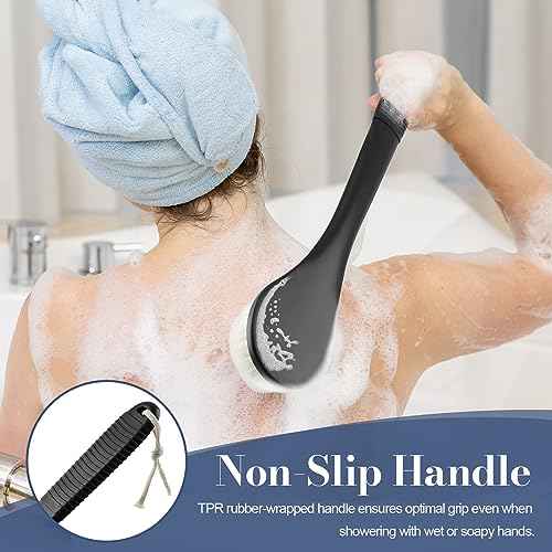 Back Scrubber for Shower, Shower Body Brush for Cleaning with Long Handle for Showering, 17 Inch Back Washer Exfoliator for Shower Men Women with Non-Slip Handle, Adhesive Hook (Black) - size: Black - Artificial Bristles