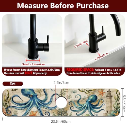 2 Pcs Kitchen Sink Splash Guard Faucet Mat Retro Ocean Octopus Pattern Faucet Mat for Sinks Flower Absorbing Drying Mats for Kitchen Bathroom - color: Ocean Octopus