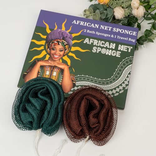 Bathway African Net Sponge Authentic with Handles (Set of 2), African Exfoliating Net Sponge, Exfoliating Body Scrubber Bath Sponge - Bathing Accessories with Storage Bag (Dark Green & Brown) - color: Dark Green & Brown