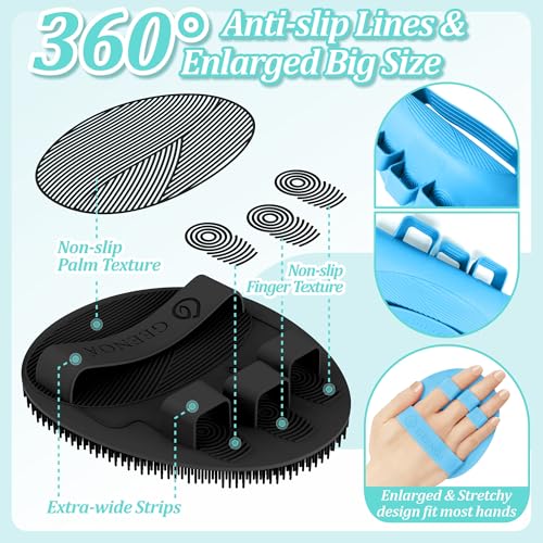 New Silicone Bath Glove with Straps, 360° Anti-Slip & Enlarged Exfoliating Body Scrubber for Rich Foaming Deep Cleaning, No-Grip & Hand-fit Shower Scrubber for All Skin Types(Black+Blue) - color: Black+blue