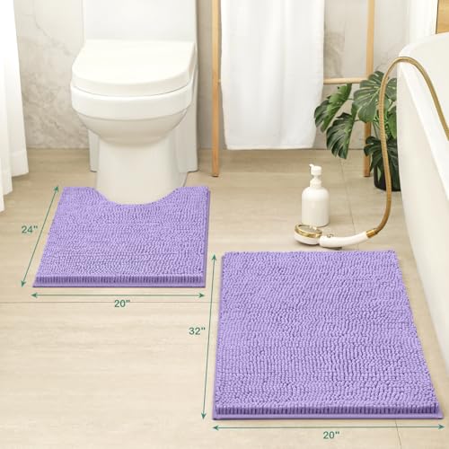 HOMEIDEAS Bathroom Rugs Set 2 Pieces, Ultra Soft Non Slip Absorbent Chenille Toilet Bath Mat Set (Lavender) - color: Purple-lavender, size: 1'8" x 2'8" (U Shape 20"x24"+20"x32")