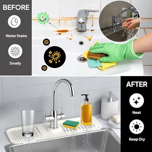 17 Inch Silicone Faucet Mat for Kitchen Sink Splash Guard & Draining Tray Sink Protector with Soap & Sponge Holder White (Purest Peak) - color: White, style: 17.7 Inch