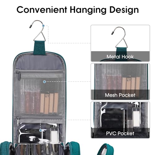 Narwey Hanging Toiletry Bag for Women Travel Makeup Bag Organizer Toiletries Bag for Cosmetics Essentials Accessories - color: Teal