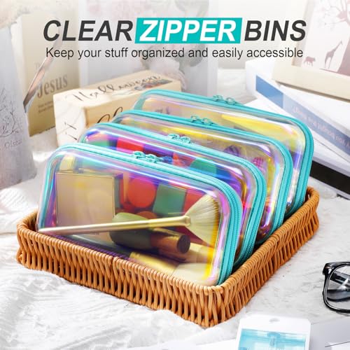 Hoolerry 4 Pcs Hard Clear Zipper Case Makeup Bags Plastic Zipper Pouch Transparent Storage Box Containers for Cosmetics, Snacks, Building Blocks, Puzzles(Clear,7.5 x 3.9 x 2 in,Blue Laser) - color: Blue Laser, size: 7.5 x 3.9 x 2 in