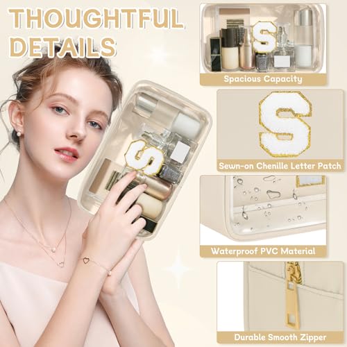 Initial Clear Makeup Bag, Birthday Gift Preppy Chenille Patch Cosmetic Bag, Initial Travel Essentials Beach Toiletry Pouch, Ideal Gift for Teachers & Moms, Women and Girls (Beige, S) - color: Beige, style: S