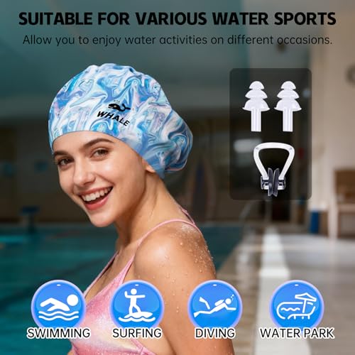 WHALE Extra Large Swim Cap Designed for Men and Women with Thick, Long Hair, Hair Extensions Or Afro-Textured Hair Long-Hair Swim Cap Highly Waterproof to Keep Hair Dry - color: Water-patterned