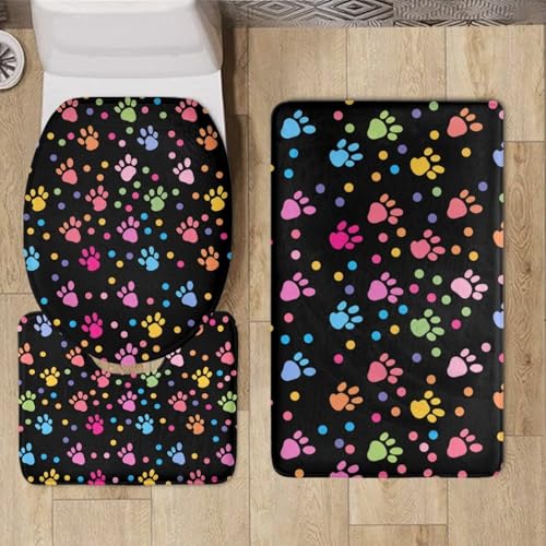 Dog Paw Print Bathroom Rugs Sets 3 Piece Non-Slip 3 Piece Bathroom Rug Set Soft Contour Rug + Toilet Lid Cover + Bath Mat Bathroom Decor Bathroom Rug Sets 3 Piece with Toilet Cover - color: Dog Paw Print