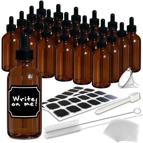 Nevlers Amber Glass Dropper Bottle 4oz 24 Pack Set | Tincture Bottles with Dropper , Labels, Marker, Funnel, Brush & Shrink Wrap | Glass Dropper for Oils | Amber Bottles 4 oz Kit - color: Amber