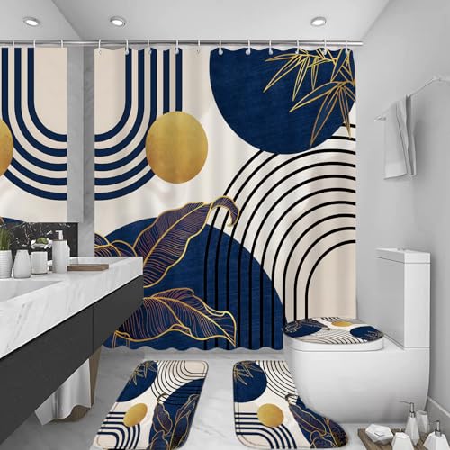 LQCOOL 4Pcs Blue Shower Curtain Set, Boho Bathroom Sets, Bamboo Leaf Bathroom Shower Bathroom Sets with Shower Curtain and Rugs, Shower Curtain with 12 Hooks - color: Blue Black