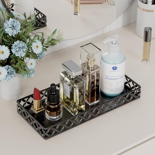Vanity Tray for Bathroom Counter - 11" x 4.9" Metal Black Decorative Tray | Small Rectangle Tray, Non-Slip Bathroom Countertop Tray, Bathroom Organizer for Perfume Makeup Cosmetic Jewelry Soap - color: Rectangle Floral-black