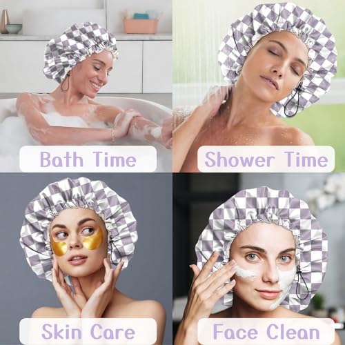 Luxury Shower Cap Silk Satin Lined Waterproof Reusable Adjustable Elastic Dry Hair Bathing Caps Cute for Women Girls-Purple Checkered - color: C-16-Purple Checkered