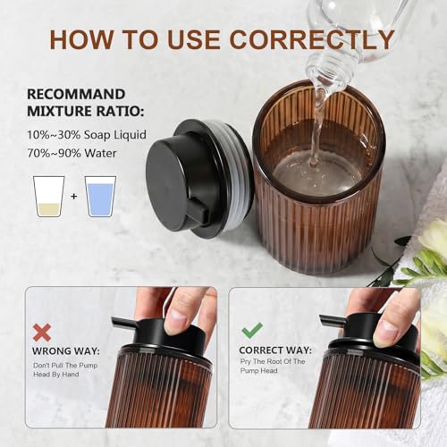 KASUNTING Foaming Soap Dispenser, Amber Glass Foam Hand Soap Dispenser for Bathroom, 11 Fl Oz Ribbed Refillable Foaming Pump Bottle with Black Pump, Modern Dish Soap Foam Dispenser - color: Amber Bottle+ Black Pump, size: Foam-1 Pack