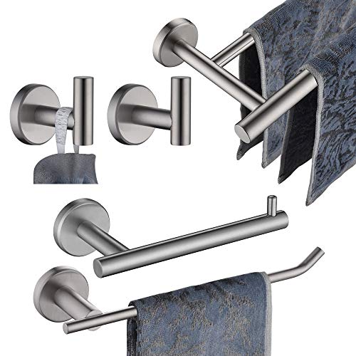 JQK Bath Hardware Towel Bar Accessory Set, 5-Piece Bathroom Accessories Fixtures Set Brushed Finished Wall Mount Includes 24" Towel Bar, 9" Hand Towel Bar, Toilet Paper Holder, Robe Hook x2, BAS105-BN - color: Brushed