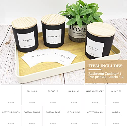 3PCS Modern 13.53oz Black Bathroom Canisters with 12 Labels & Wooden Lid Thick Glass Jar Set Qtip Holder for Cotton Ball & Pads Storage Organization Minimalist Decor