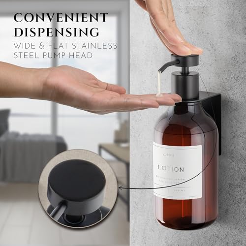 Shower Shampoo Dispenser Wall Mounted – Refillable 16.9 oz Amber Bottle with Stainless Steel Pump & No-Drill Adhesive Holder – Soap Dispenser for Bathroom (1 X Amber/Black) - color: 1 X Amber/Black