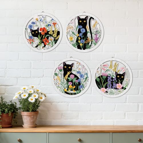 HPNIUB Funny Black Cat Wall Decor,Farmhouse Floral Wooden Signs,4 Pieces 10''x10'' Colorful Botanical Kitten Wall Art,Plant Cat Wood Plaque Home Decor for Pet Shop,Nursery,Lovely Cat Gifts - color: Black Cat&floral