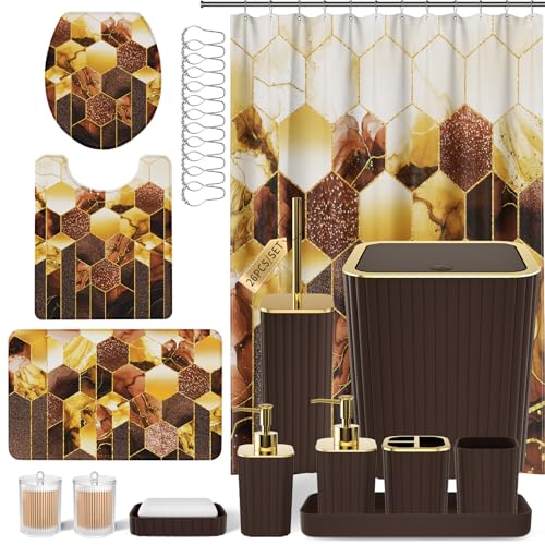 XLHOMO Bathroom Set - 26PC Bathroom Set with Shower Curtain and Rugs, Bathroom Accessory Set, Brown Bathroom Accessories Set, Trash Can & Soap Dispenser - style: Traditional