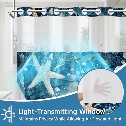 No Hook Spa-Like Ocean Shower Curtain, Blue Shower Curtains for Bathroom with Snap in Weighted Shower Curtain Liner and See Through Window, Starfish Nautical Bathroom Decor, 71x74 Inches - color: Deep Blue Seascape