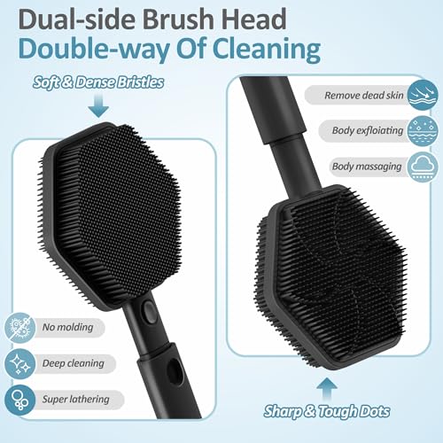 Silicone Back Scrubber for Shower, 16''-21''Extendable Shower Back Scrubber with Dual-Side Large Brush Head, 3-Length Back Brush Bath Brush with Strong Handle & Rich Foaming Bristles(Black) - color: Black