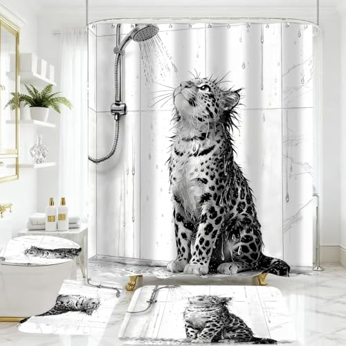 4 Piece Black and White Shower Curtain Set with Rugs, Cute Leopard Taking a Shower Art, Aesthetic Funny Animal Waterproof Fabric Bathroom Decor, Non-Slip Mat, U-Shaped Rug & Toilet Lid Cover - color: White