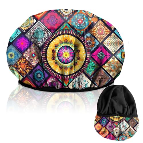 Luxury Shower Cap Terry Lined Reusable Triple Layer Waterproof Hair Elastic Caps Shower Bath Hat for Women Girls Cute Aesthetic-Mandela - color: AL9-Mandela