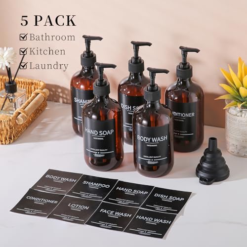 5Pack Amber Shower Bottles Refillable with Labels,16.9oz(500ml) Reusable Shampoo and Conditioner Bottles,Shampoo Dispenser Bottles - color: Amber