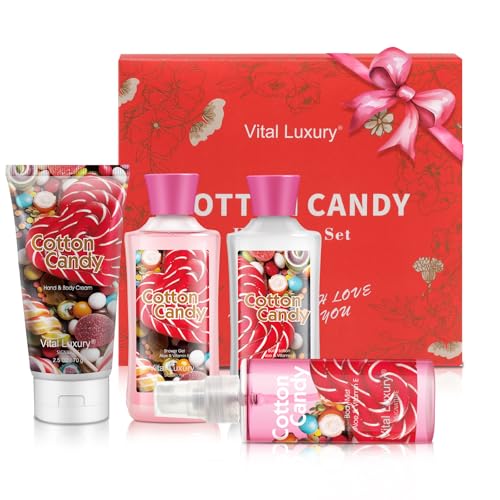 Bath and Body Gift Set Cotton Candy, 3 Fl Oz, 4-Piece Spa Collection with Body Lotion, Shower Gel, Body Cream, Travel Size Spa Set, Body Care kit for Birthday Mother's Day Chirstmas Gifts