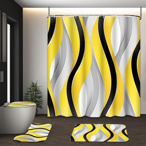 Yellow Striped Shower Curtain Set with Toilet Lid Cover and Non-Slip Rugs for Bathroom, Grey and Black Geometric Lines 4 Pcs Shower Curtain, Modern Yellow Bathroom Set with 12 Hooks - color: Geometric Lines Yellow
