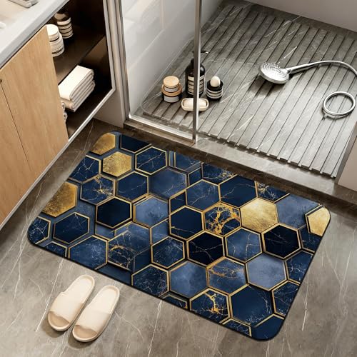 Non Slip Bath Mat,Navy Blue Gold Tiles Bathroom Decor,Dark Marble Diatomaceous Bath Mat Quick Dry Absorbent Bathroom Rugs-Shower Rug for Kitchen Laundry Bathtub Shower 17"x29.5" - color: Navy Blue Gold Tiles,dark Marble