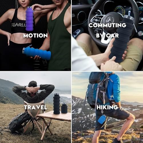 Collapsible Water Bottles，17oz Large capacity Silicone Water Bottle with Carabiner，Reusable Foldable Lightweight Sports Water Bottle for Travel Gym Camping Hiking (Black+Purple+Blue+Green) - color: Black+Purple+Blue+Green