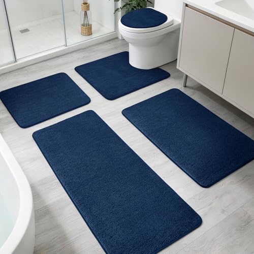 YIHOUSE Memory Foam Bathroom Rugs Sets 5 Piece - Extra Thick Soft Towel-Like Absorbent Bath Mat Set, Non Slip Machine Washable Bath Rugs Carpet for Bath, Tub and Shower, Dark Blue - color: Dark Blue, size: 1'8" x 3'10" (5 pieces)