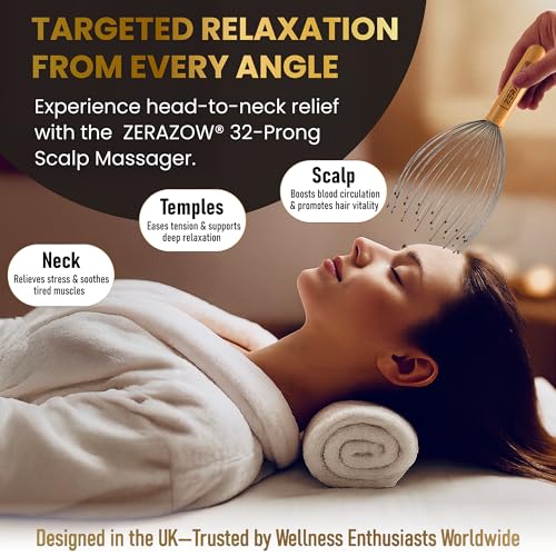 ZERAZOW® Scalp Massager with 32-Prong, Head Massager Scalp Massage Tool for Relaxation, Beech Wood Head Scratcher, Scalp Scratcher for Head Massage, Scalp Stimulator, Fathers Day Gift for Men/Women