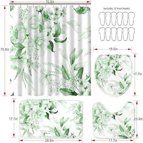 16 Pcs Sage Green Floral Shower Curtain Set with Rugs, Flower Bath Curtains and High Absorbent Non-Slip Mats, Thick 120GSM Fabric Curtain with 12 Metal Hooks (72x72 Inch) - color: Flower A-green